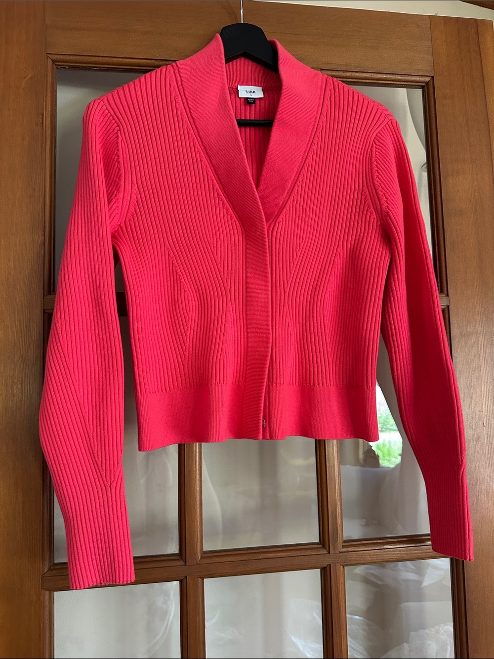 CAbi Madame Hot Vibrant Coral Pink Ribbed Shawl Collar Cardigan 4651